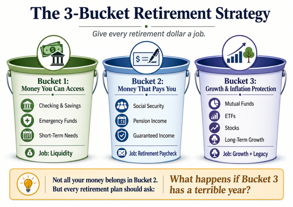 “3-Bucket Retirement Strategy showing liquidity, dependable retirement income, and long-term growth and inflation protection.”
