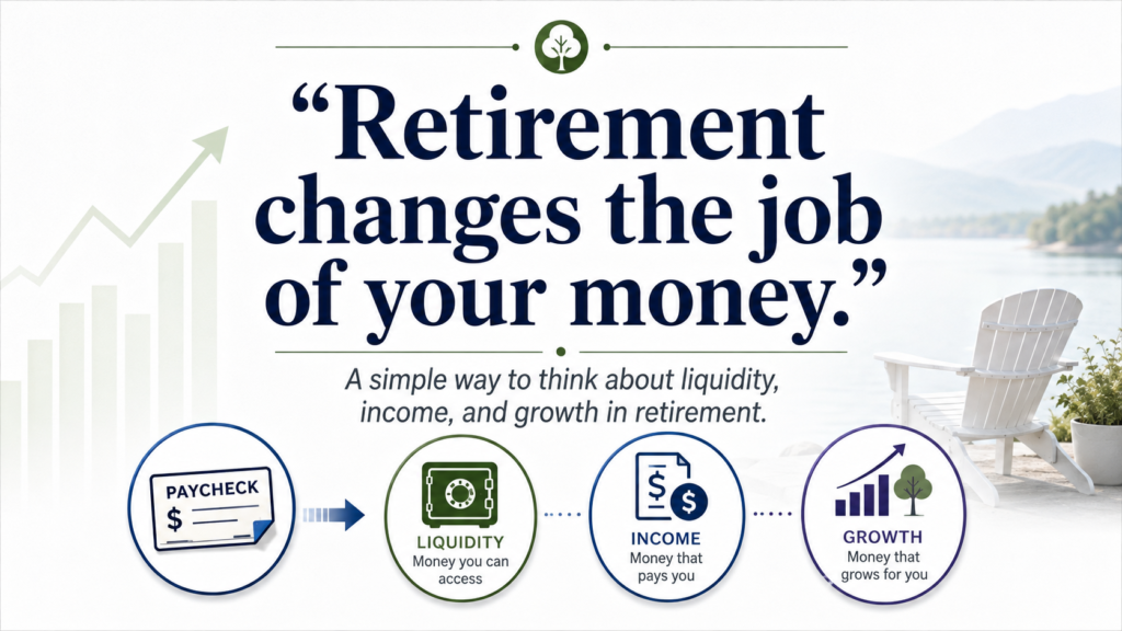 “Retirement changes the role of your money from earning a paycheck to creating liquidity, dependable income, and long-term growth.”